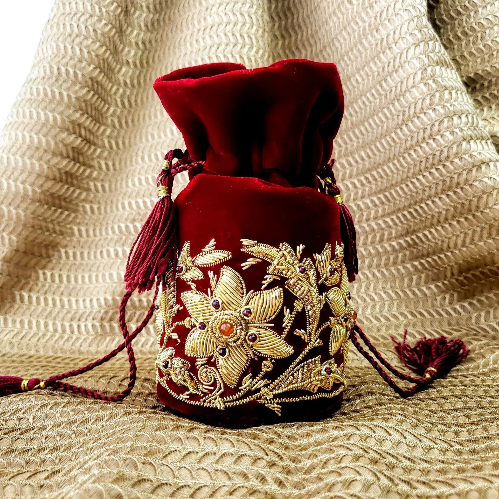Embroidered Red Velvet and Gold Mini Potli Bag