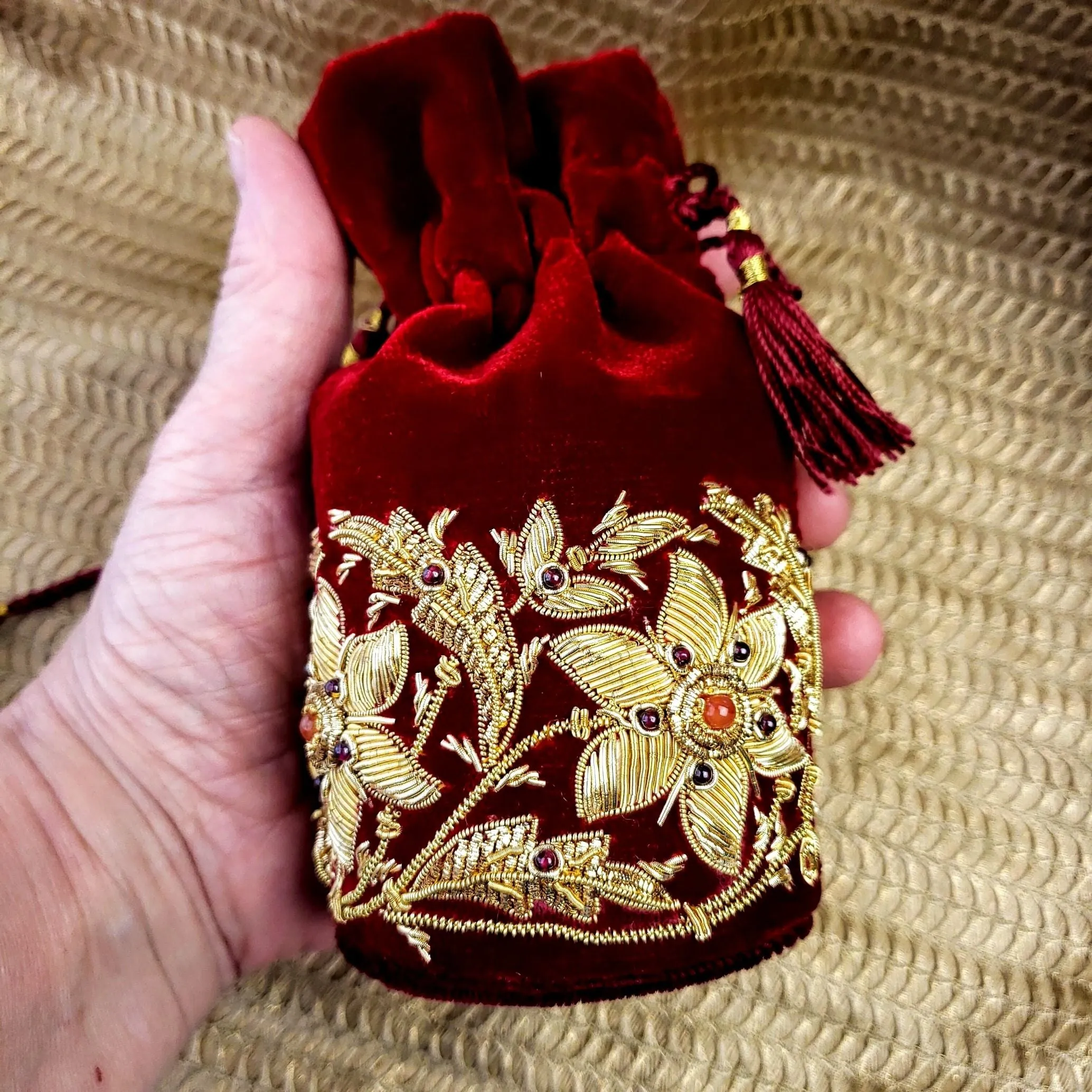 Embroidered Red Velvet and Gold Mini Potli Bag